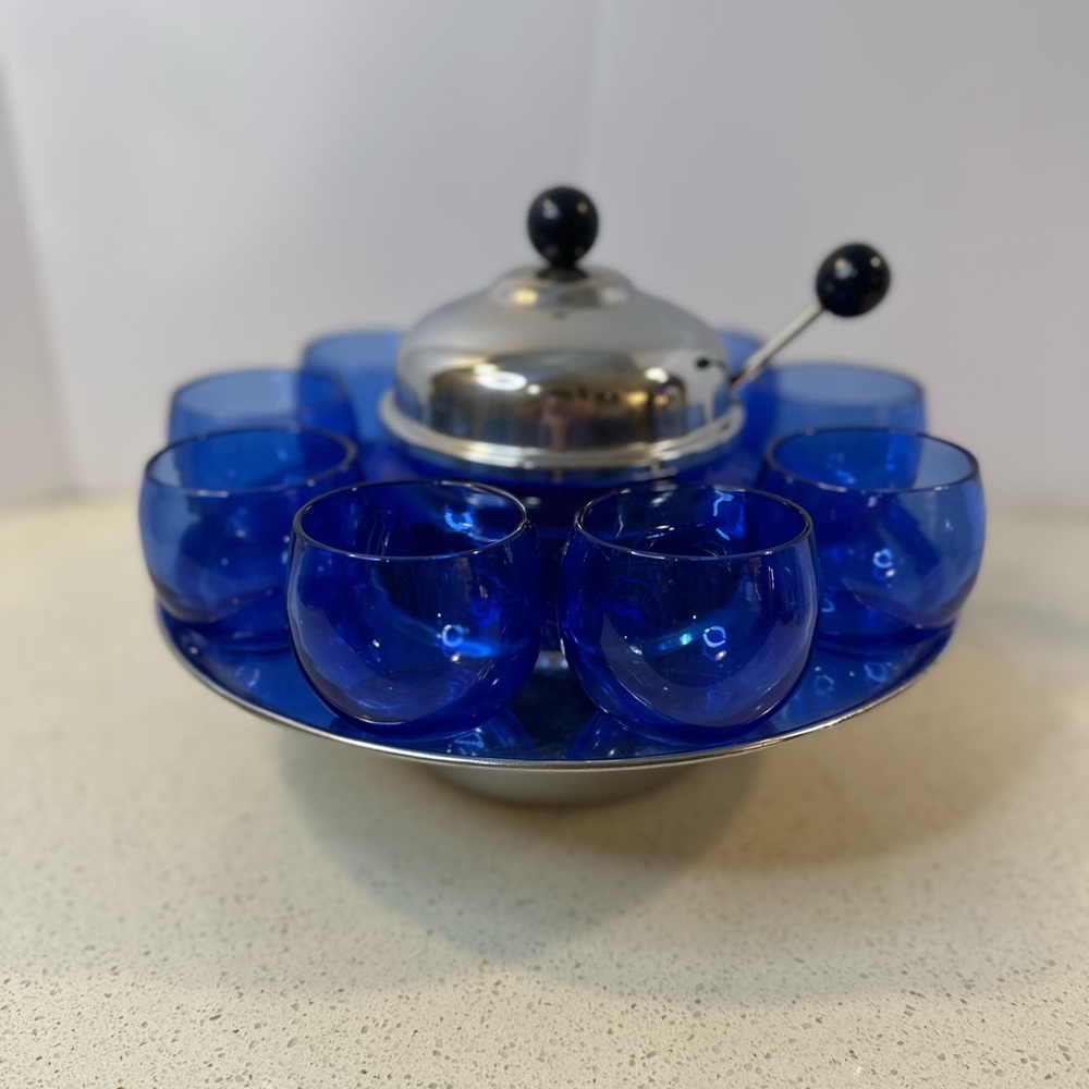 Rare 1930/40s Hazel Atlas Art Deco  Royal Lace Blue Toddy Cider / Liquor Set